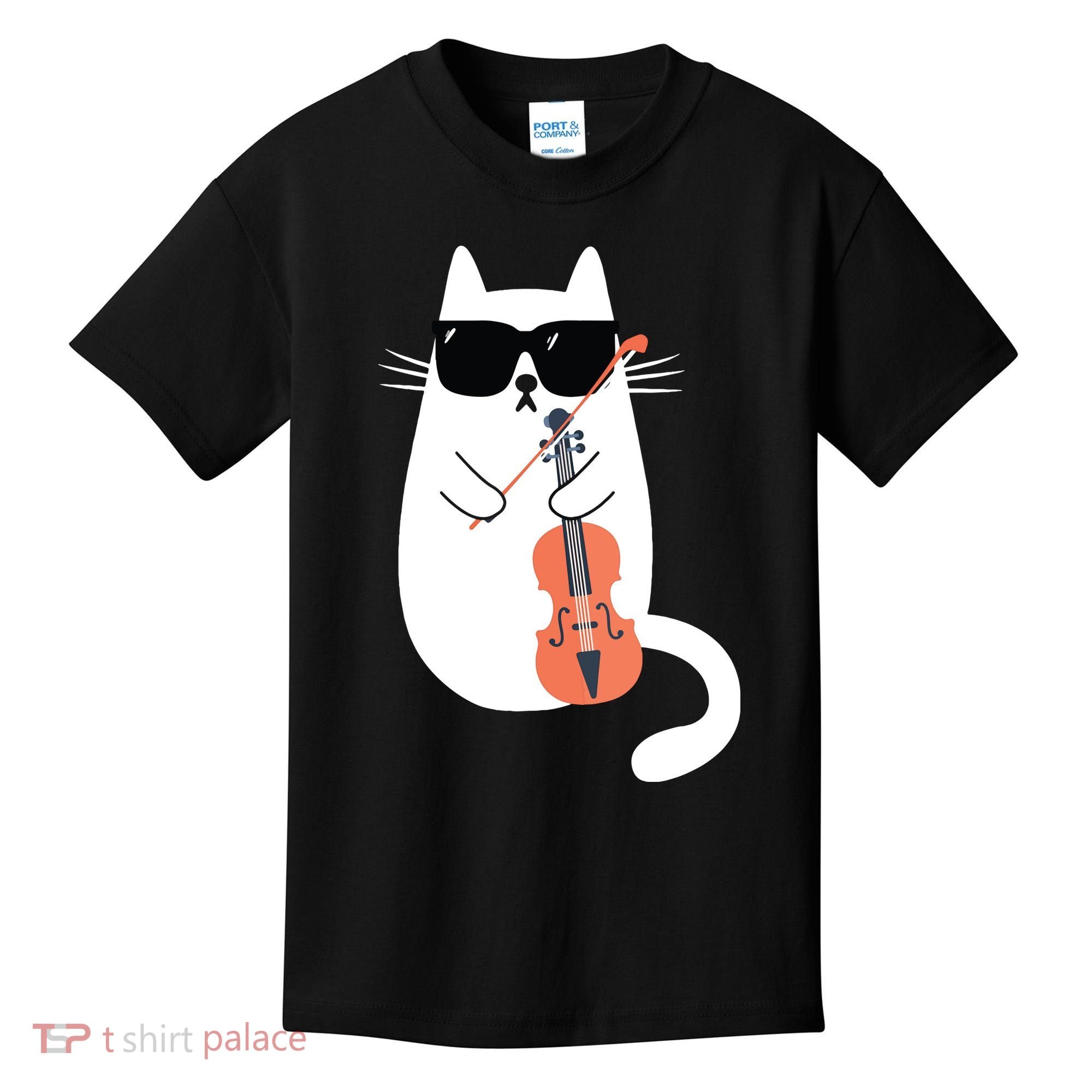 Funny Cat Wearing Sunglasses Playing Violin Viola Musician Kids T-Shirt