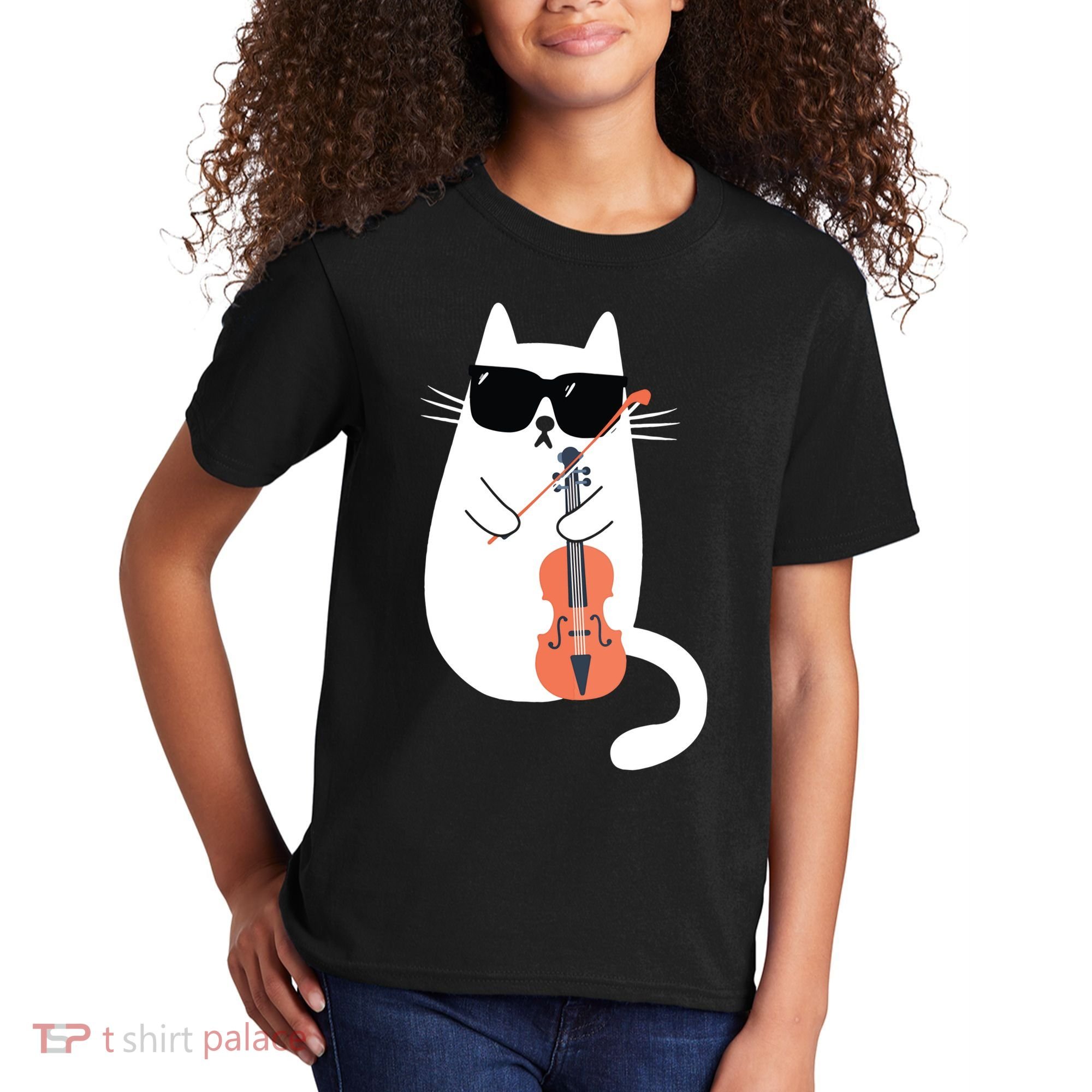 Funny Cat Wearing Sunglasses Playing Violin Viola Musician Kids T-Shirt