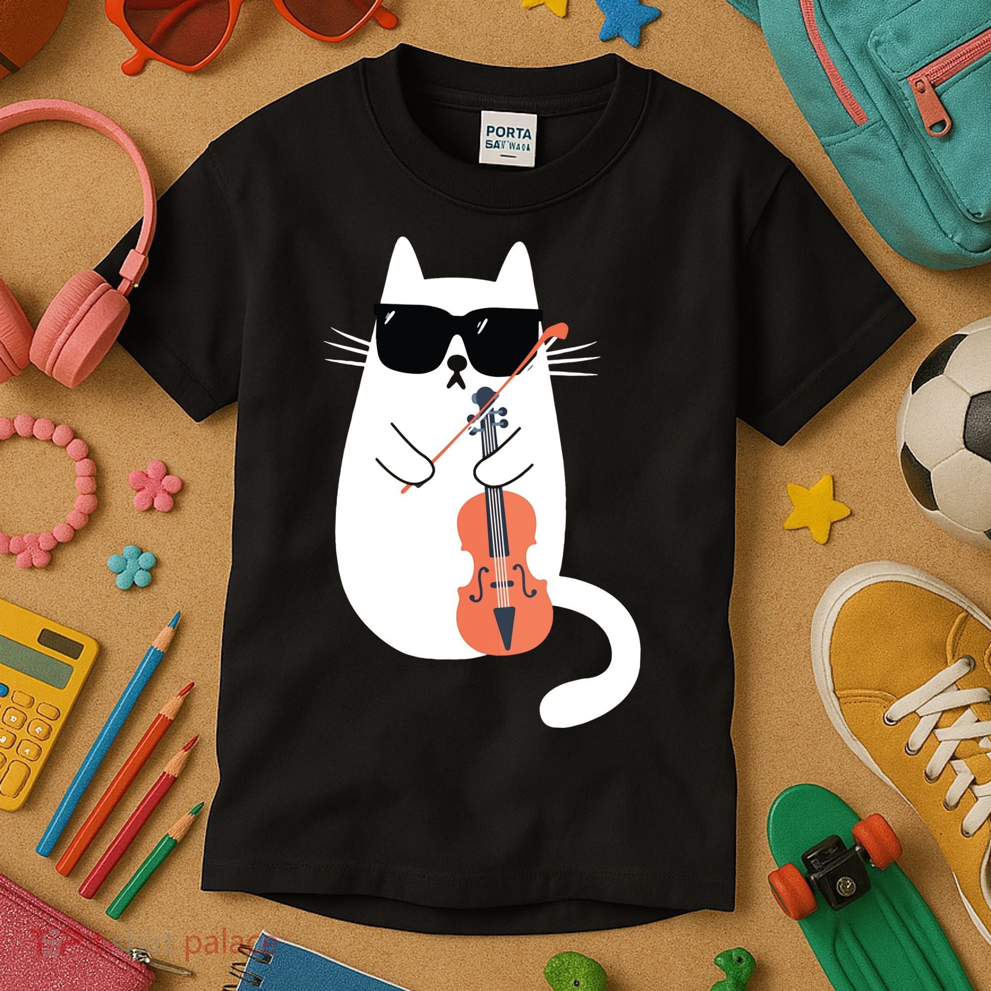 Funny Cat Wearing Sunglasses Playing Violin Viola Musician Kids T-Shirt