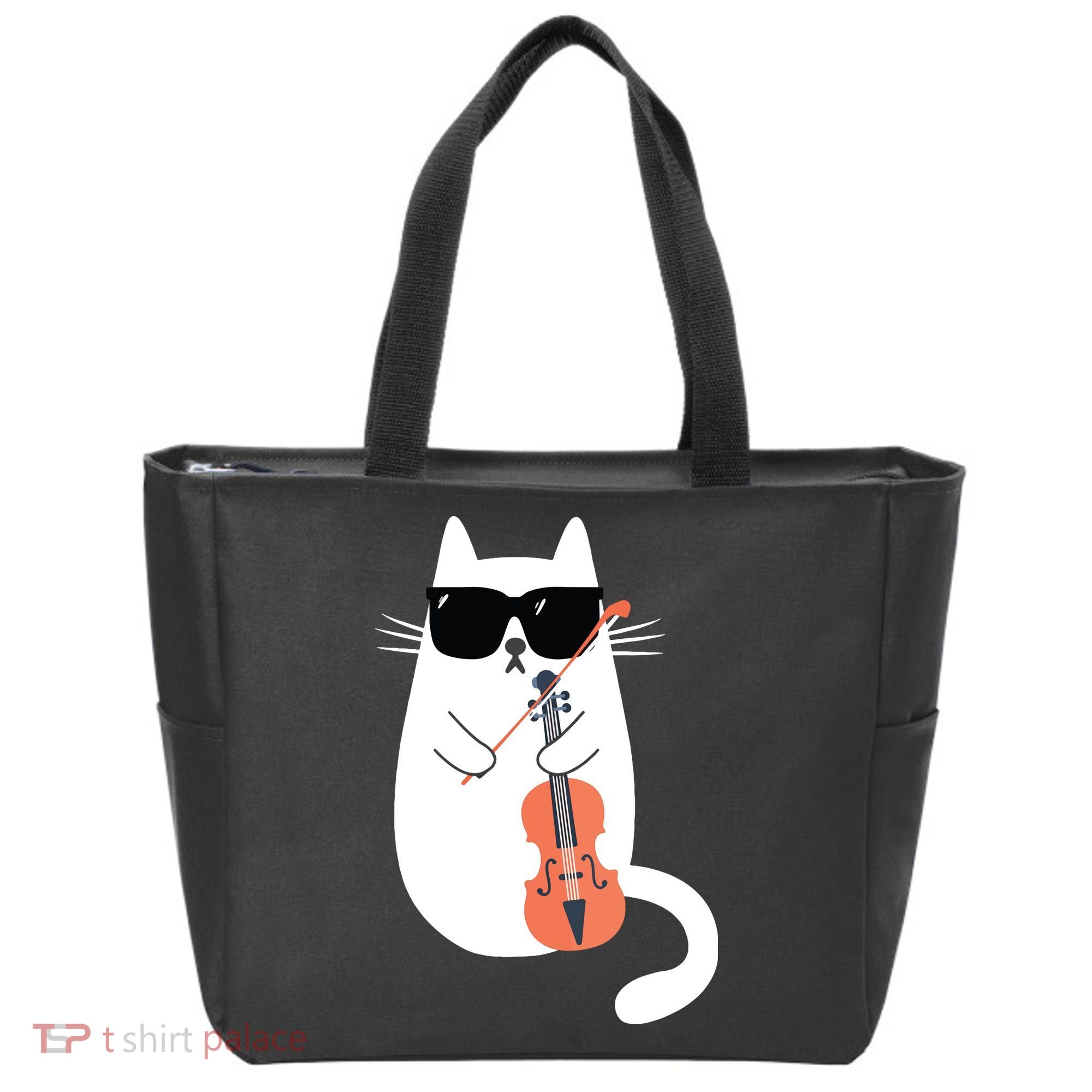 Funny Cat Wearing Sunglasses Playing Violin Viola Musician Tote Bag