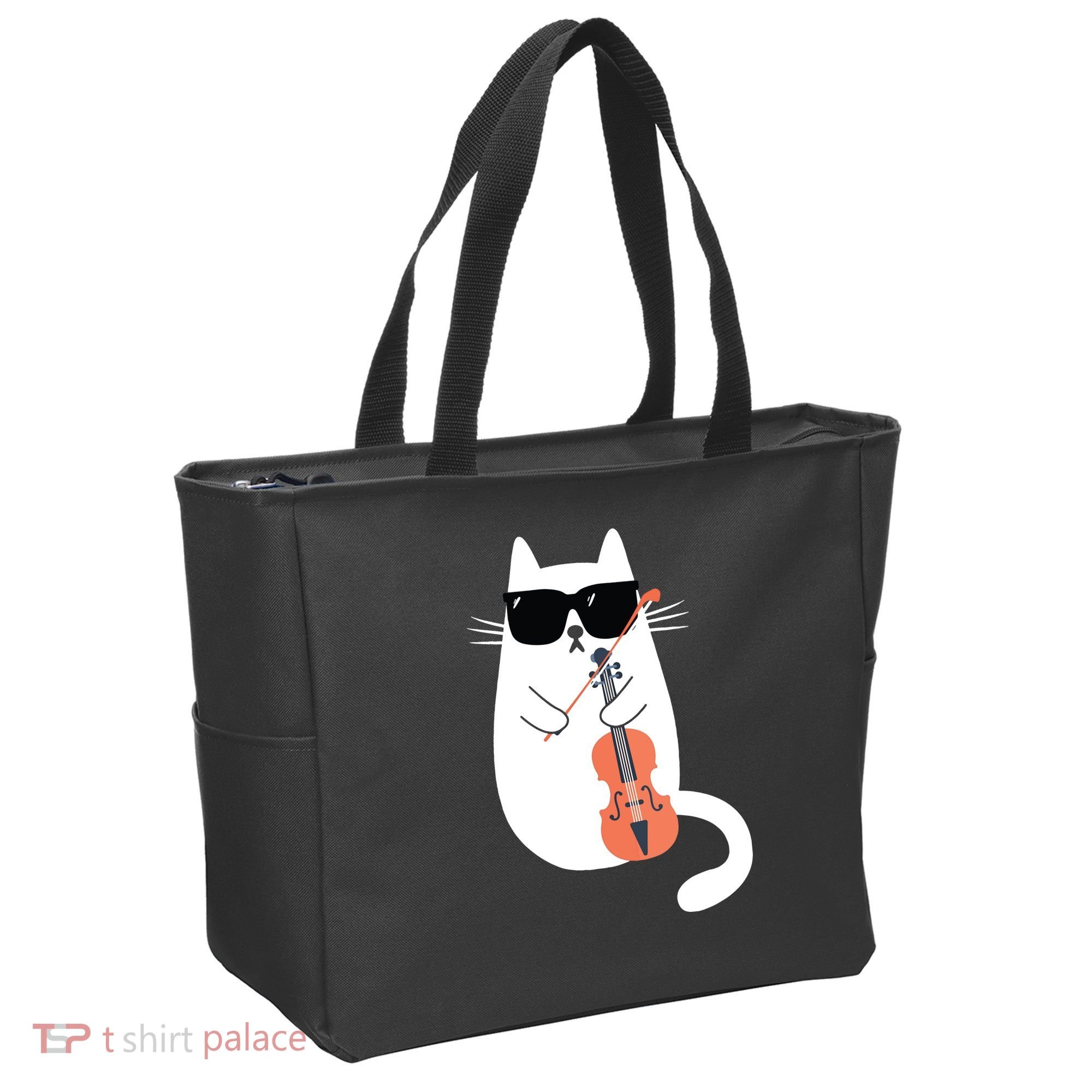 Funny Cat Wearing Sunglasses Playing Violin Viola Musician Tote Bag