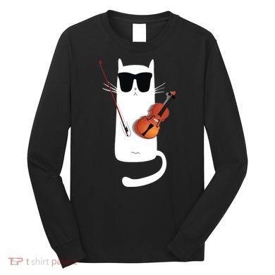 Funny Cat Wearing Sunglasses Playing Violin Long Sleeve Shirt