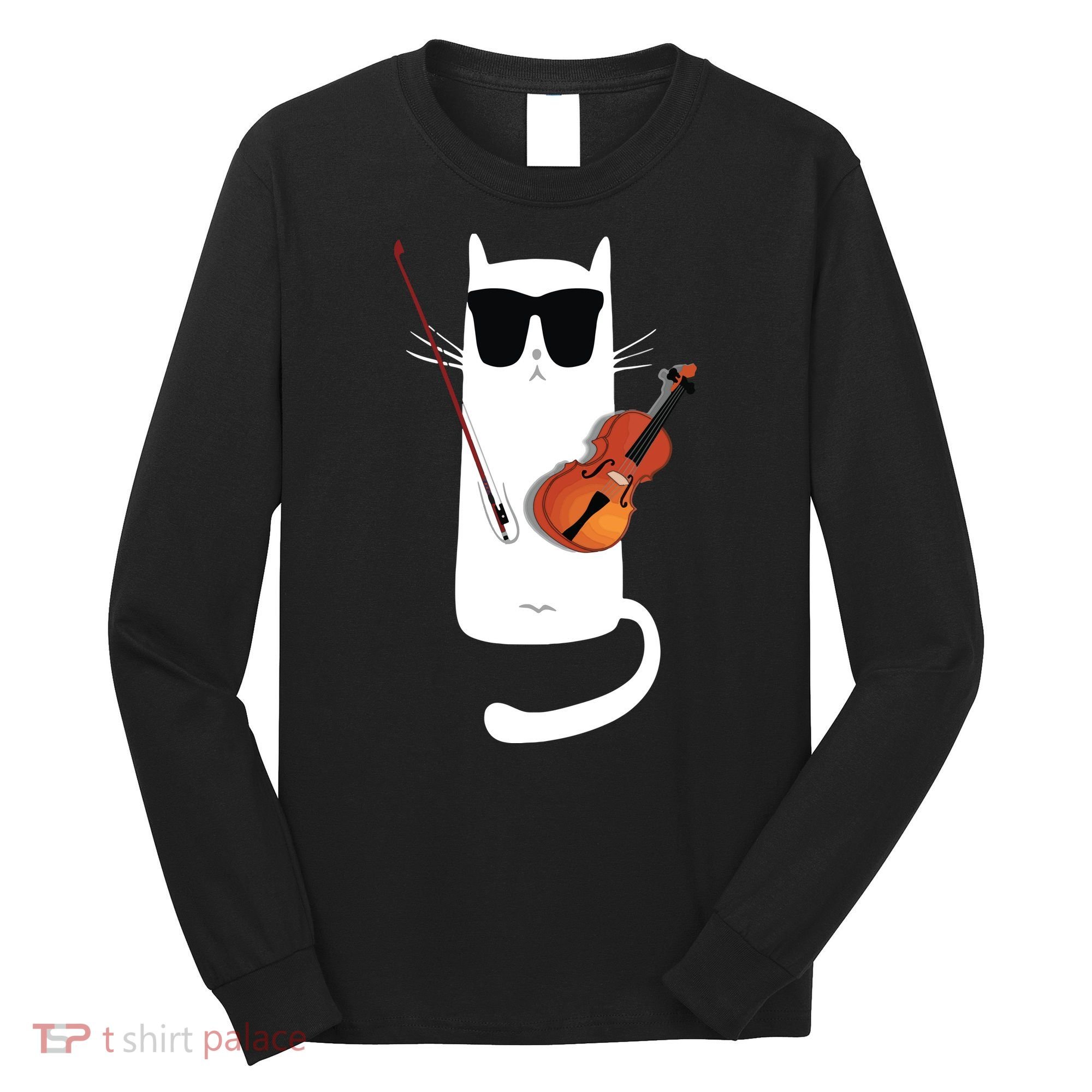 Funny Cat Wearing Sunglasses Playing Violin Long Sleeve Shirt