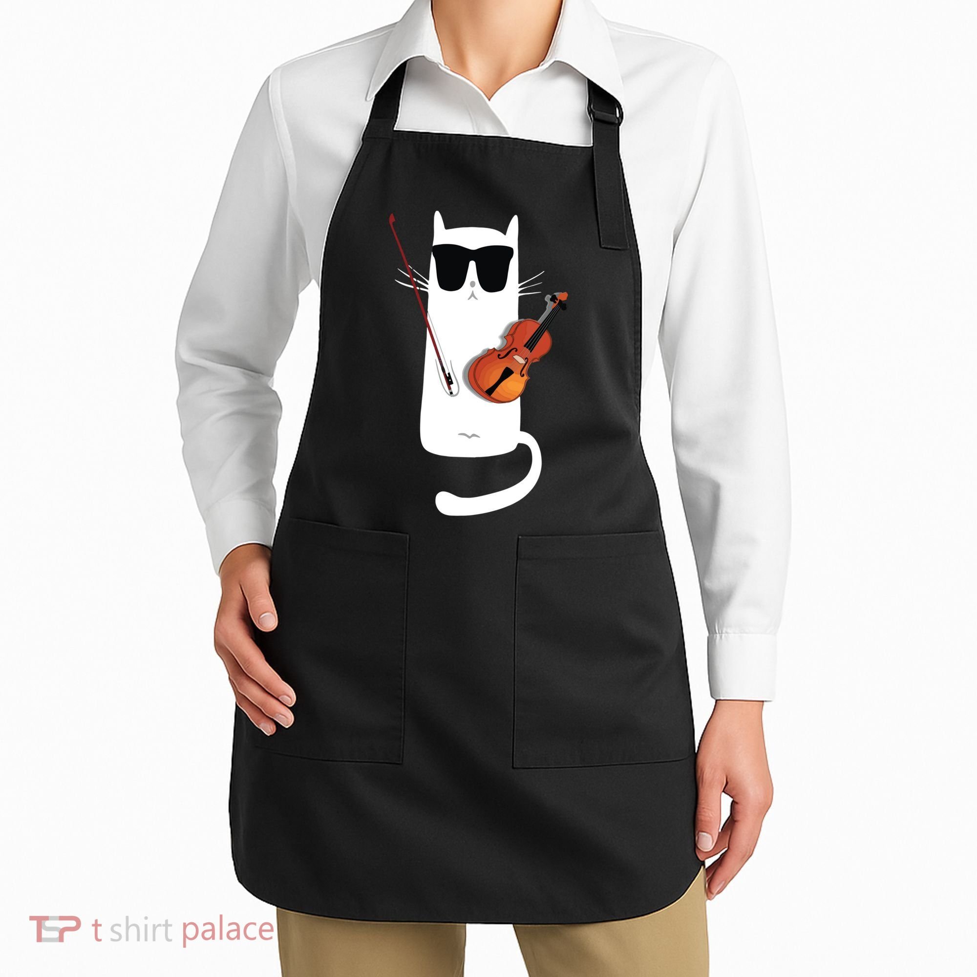 Funny Cat Wearing Sunglasses Playing Violin Apron