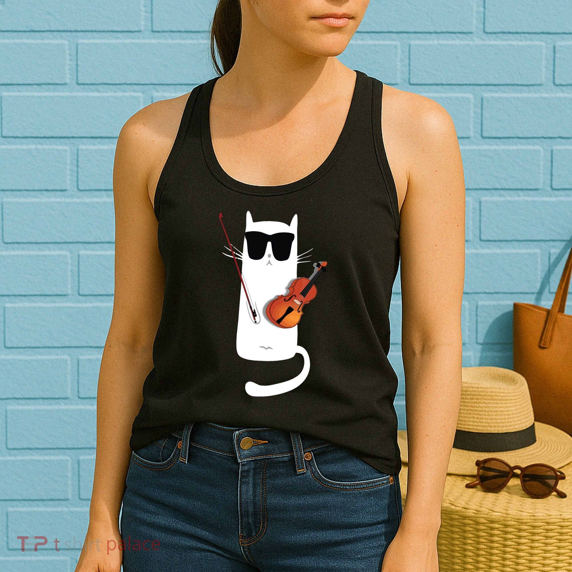 Funny Cat Wearing Sunglasses Playing Violin Women's Tank Top