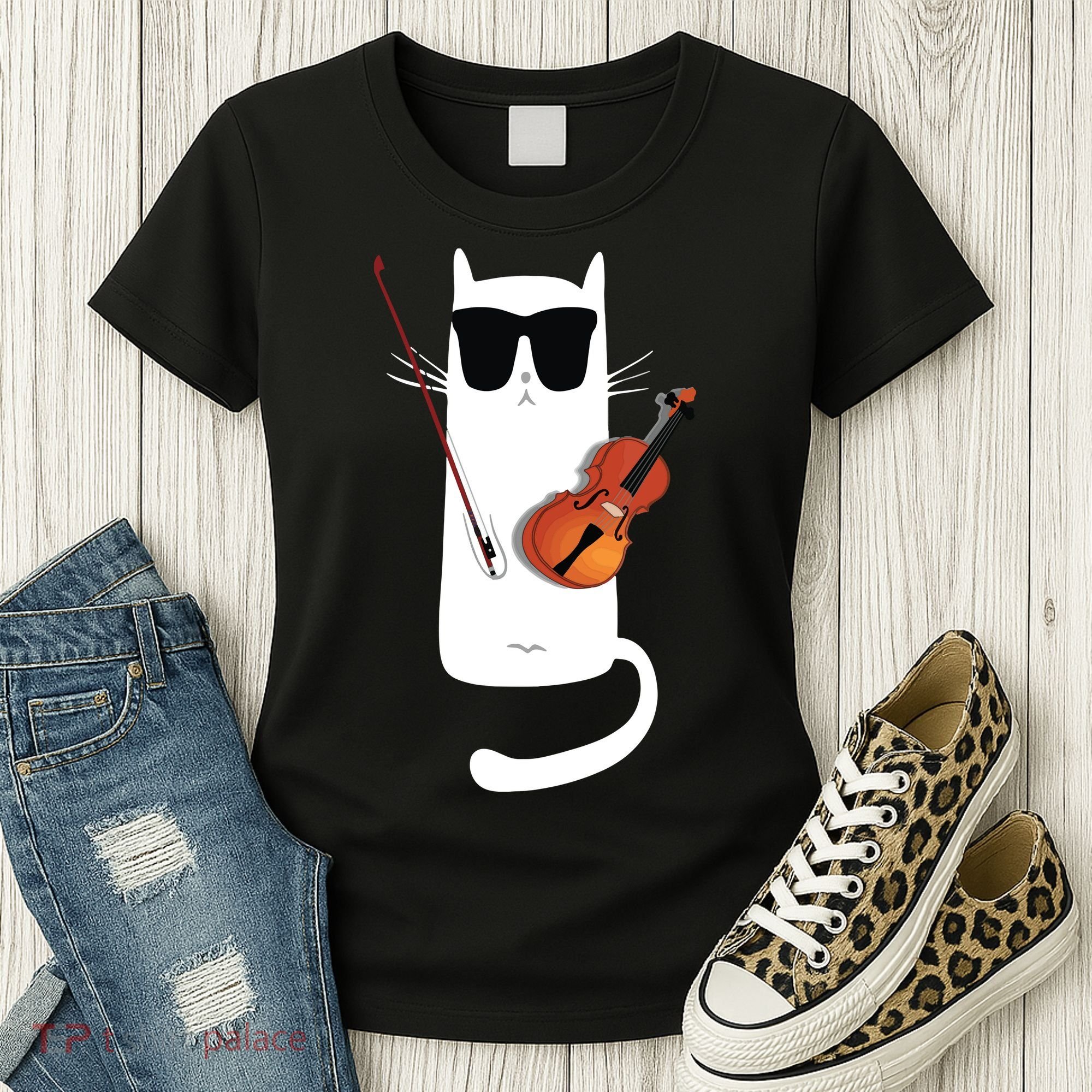 Funny Cat Wearing Sunglasses Playing Violin Women's T-Shirt
