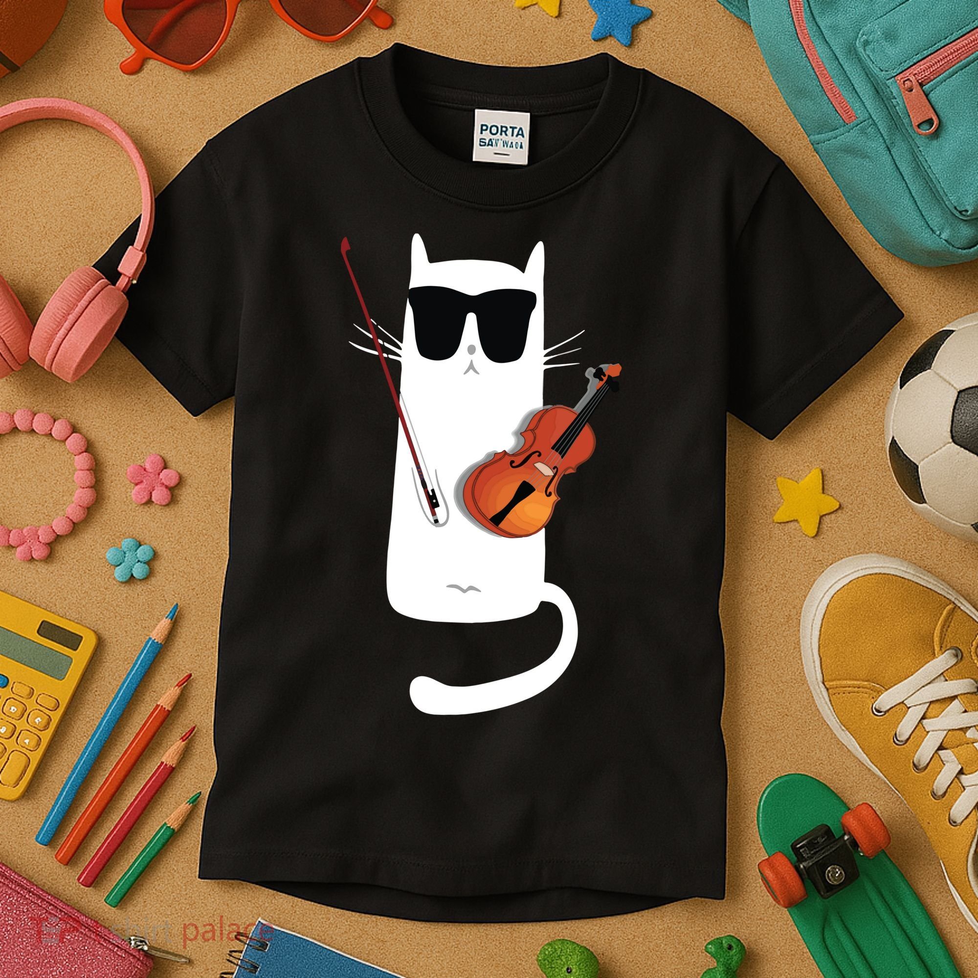 Funny Cat Wearing Sunglasses Playing Violin Kids T-Shirt