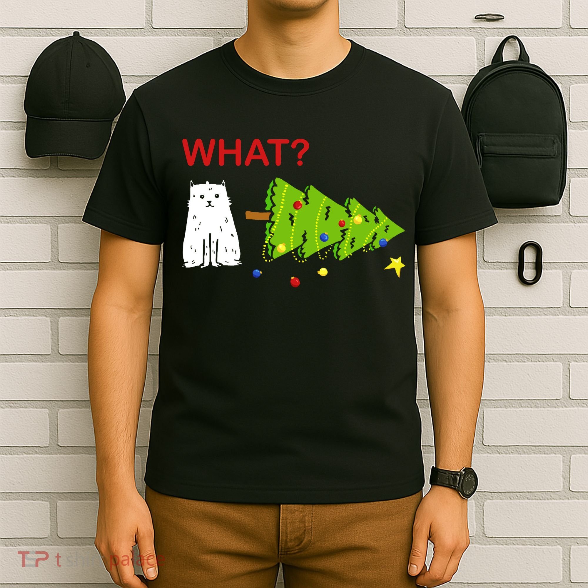 Funny Christmas XMas Cat What? T-Shirt