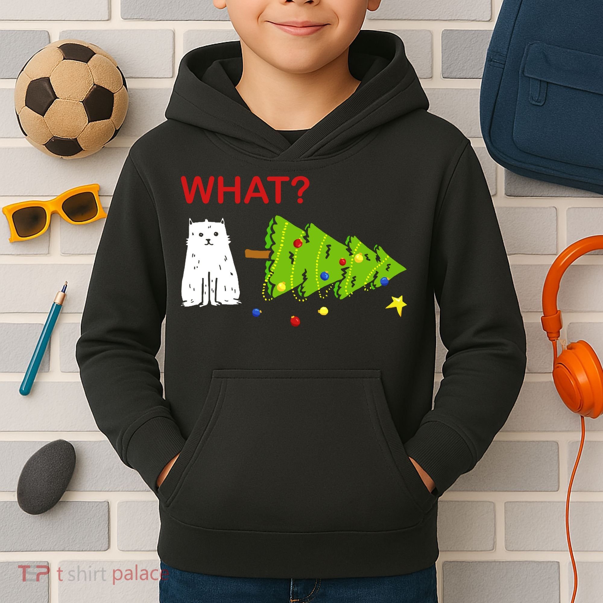 Funny Christmas XMas Cat What? Kids Hoodie