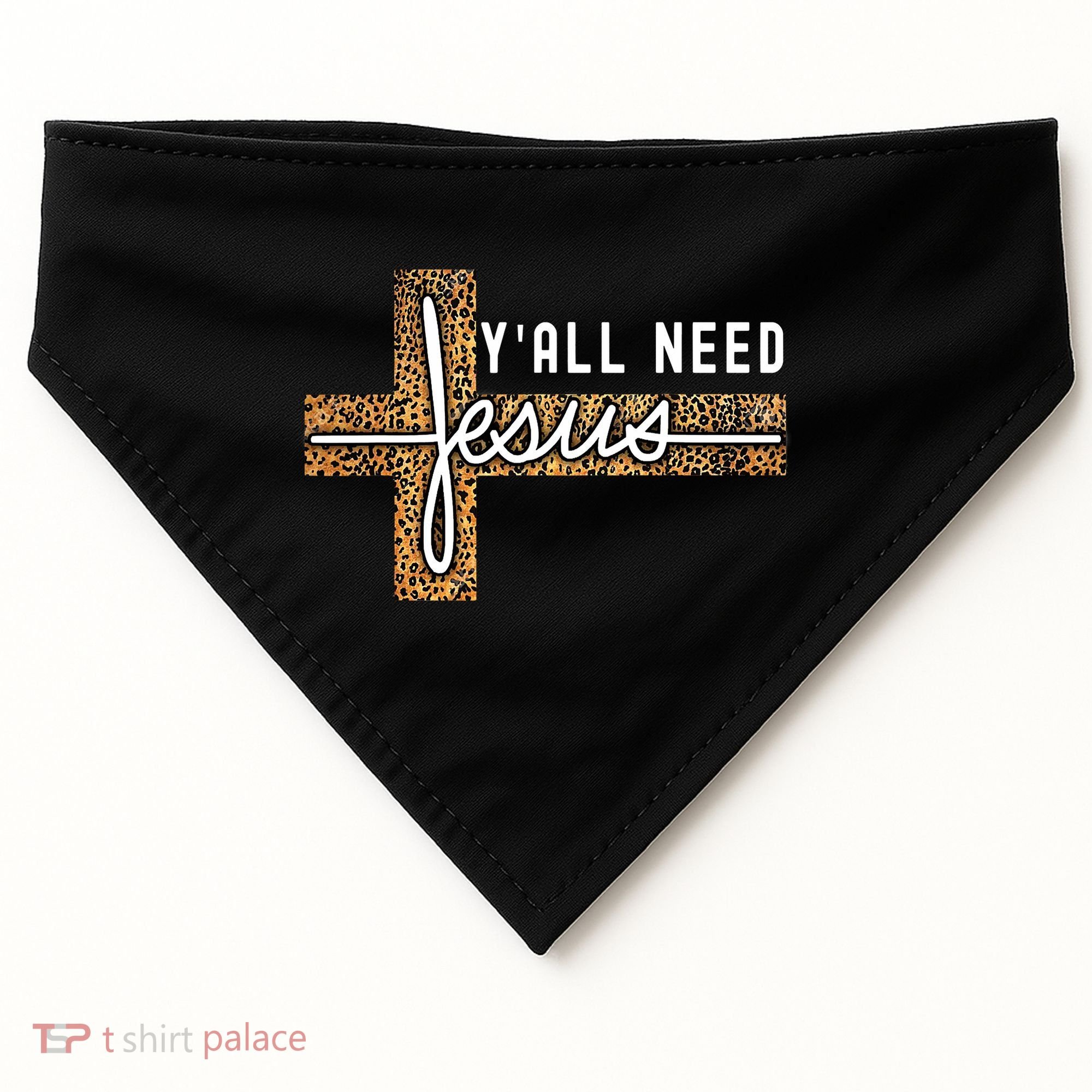 Funny Christian Y'all Need Jesus Graphic Tees Leopard Cross USA-Made Doggie Bandana