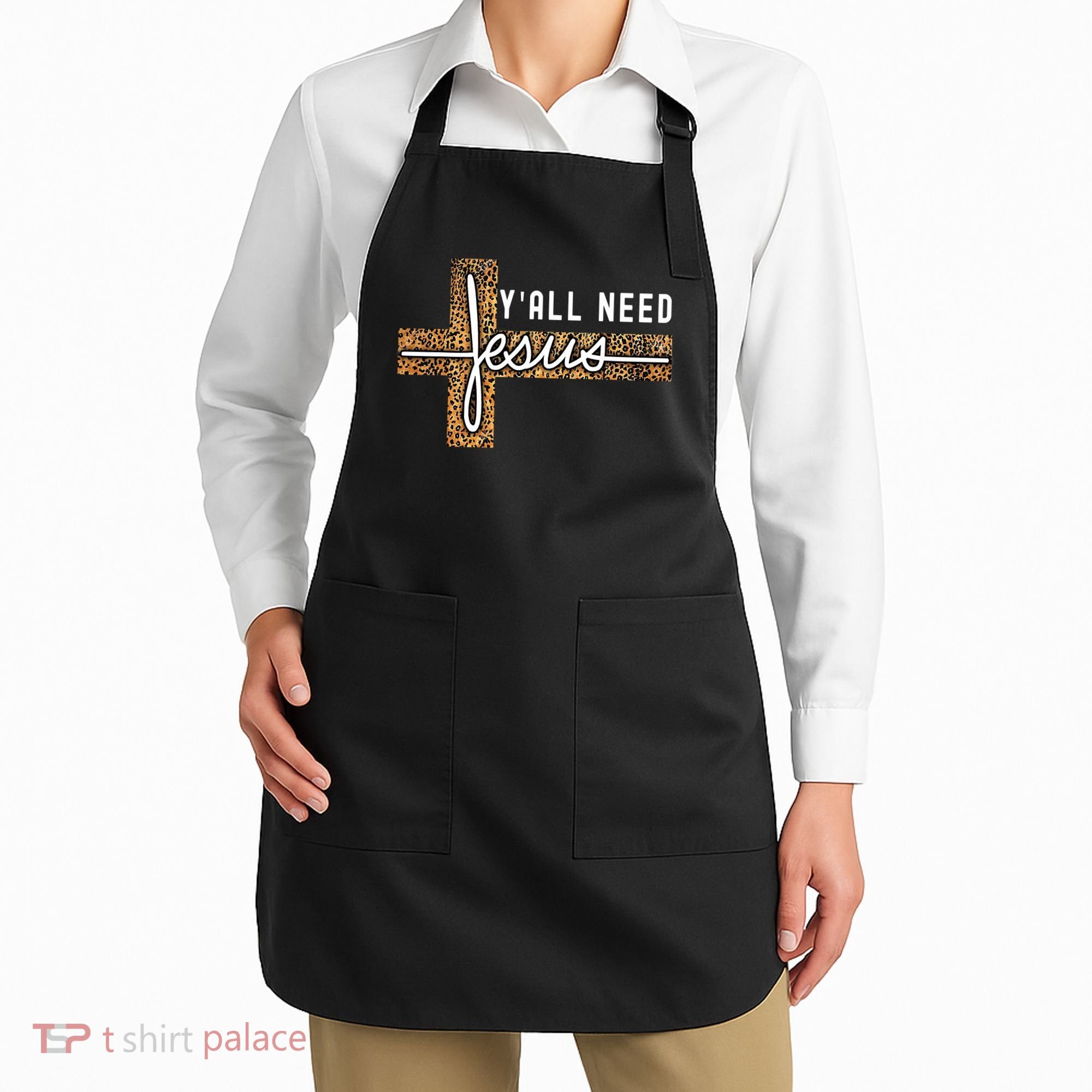 Funny Christian Y'all Need Jesus Graphic Tees Leopard Cross Apron