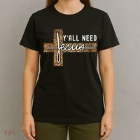 Funny Christian Y'all Need Jesus Graphic Tees Leopard Cross T-Shirt thumb 4