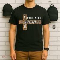 Funny Christian Y'all Need Jesus Graphic Tees Leopard Cross T-Shirt thumb 6