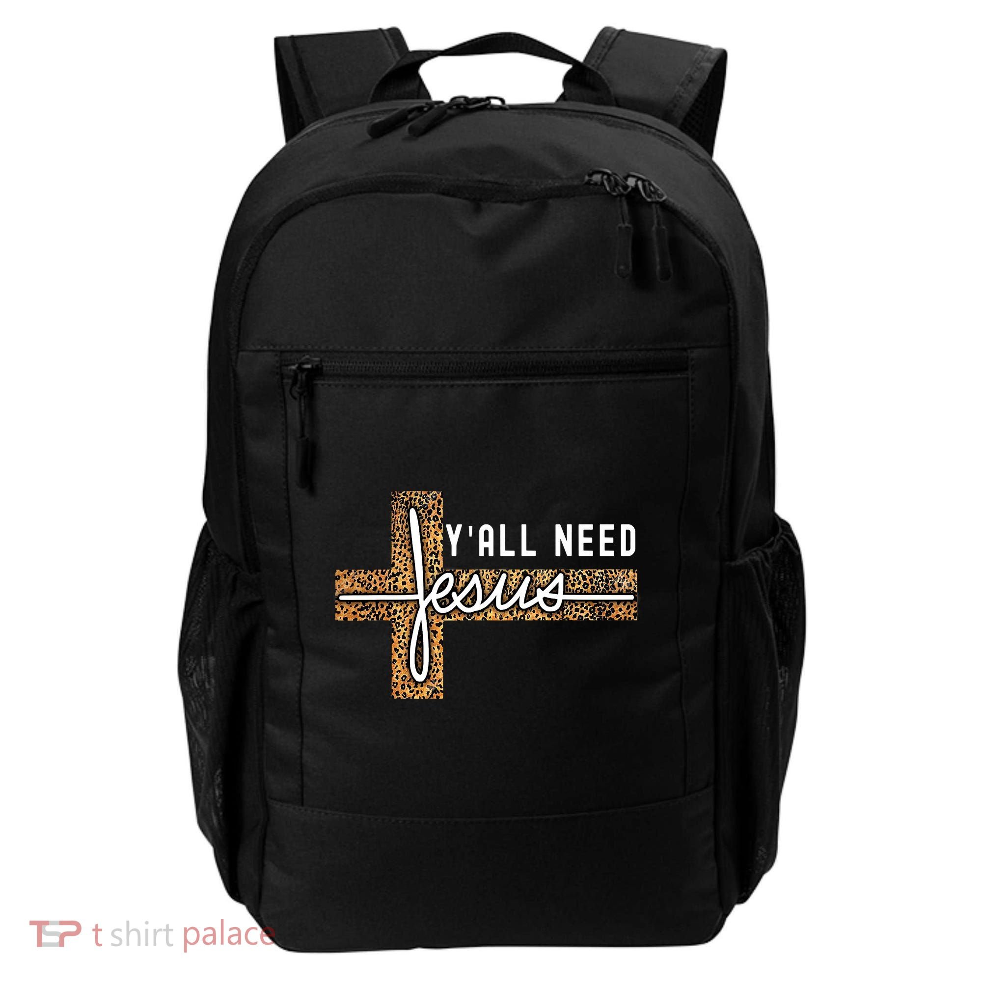 Funny Christian Y'all Need Jesus Graphic Tees Leopard Cross Backpack