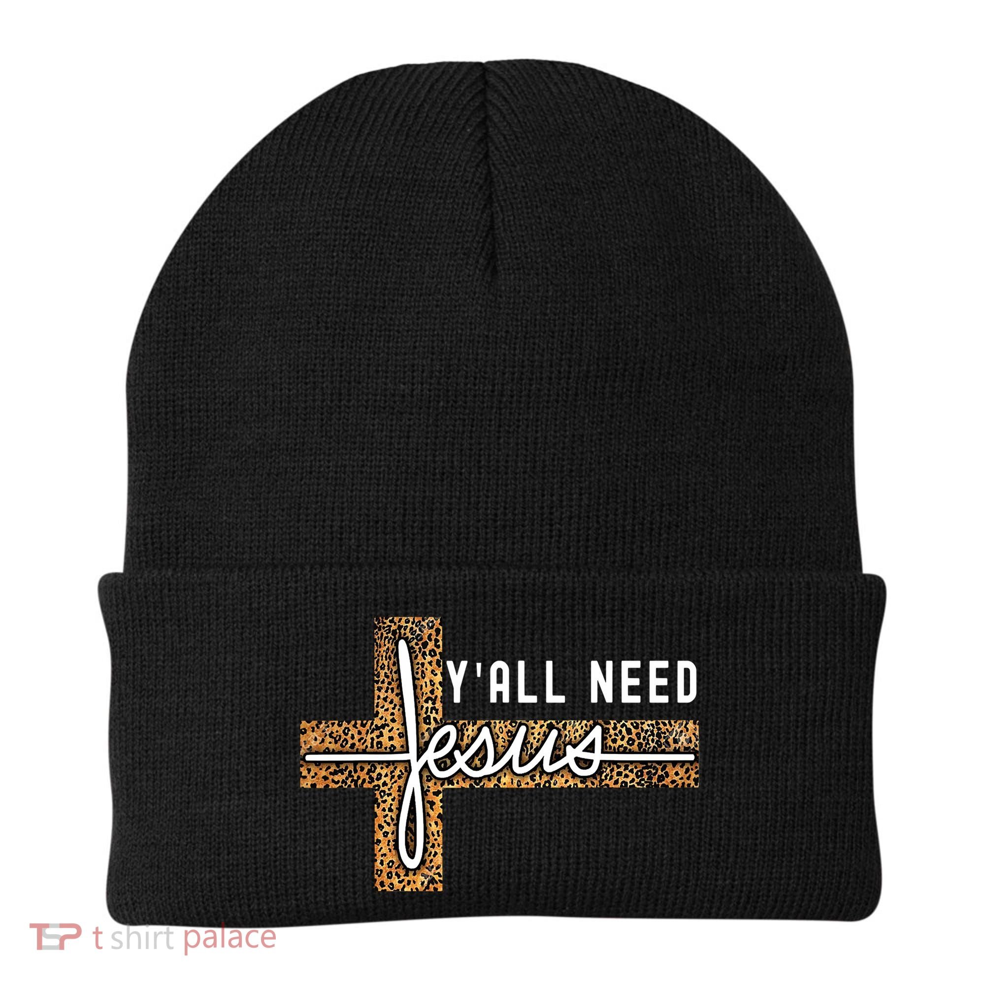 Funny Christian Y'all Need Jesus Graphic Tees Leopard Cross Beanie