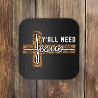 Funny Christian Y'all Need Jesus Graphic Tees Leopard Cross Coaster thumb 0
