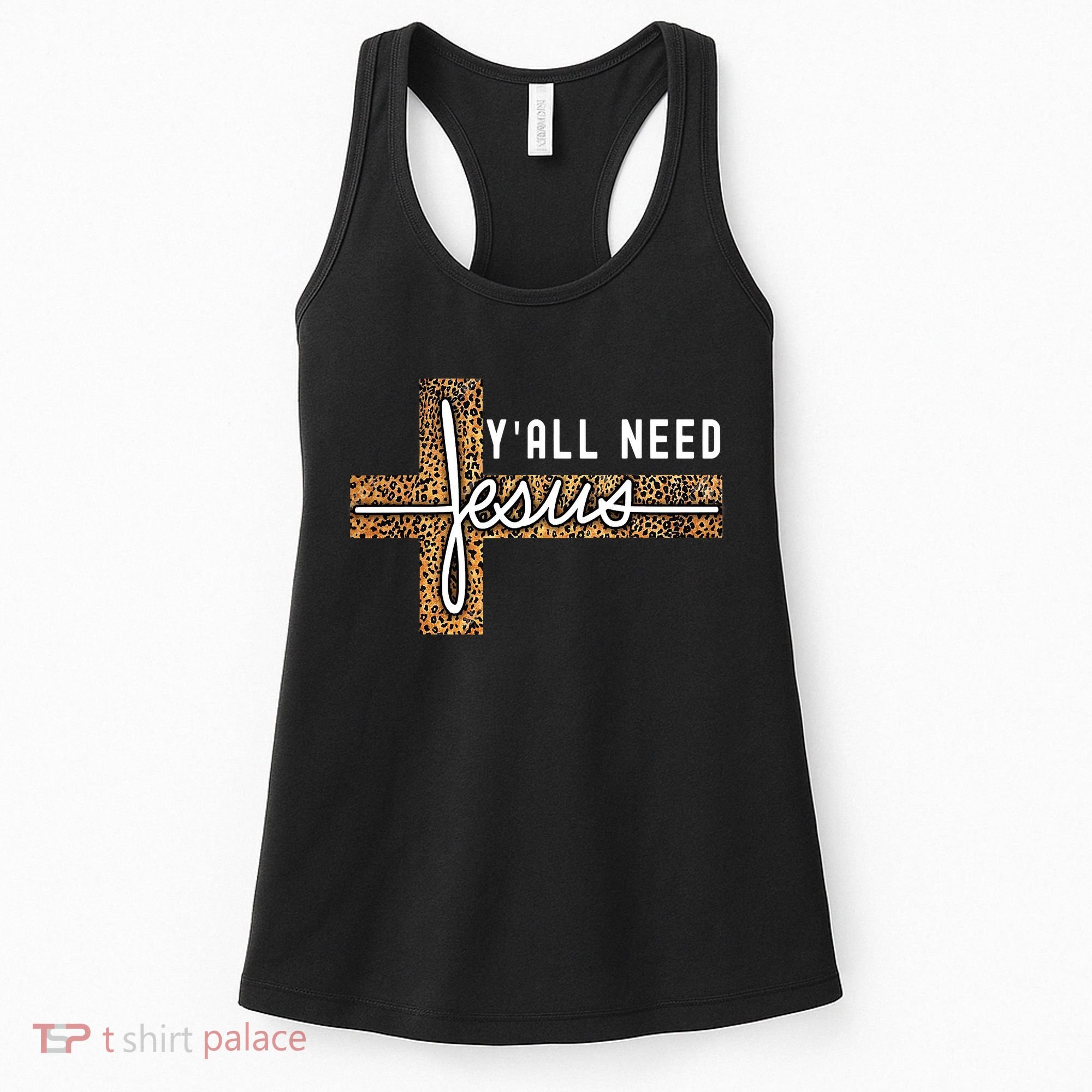 Funny Christian Y'all Need Jesus Graphic Tees Leopard Cross Women's Tank Top
