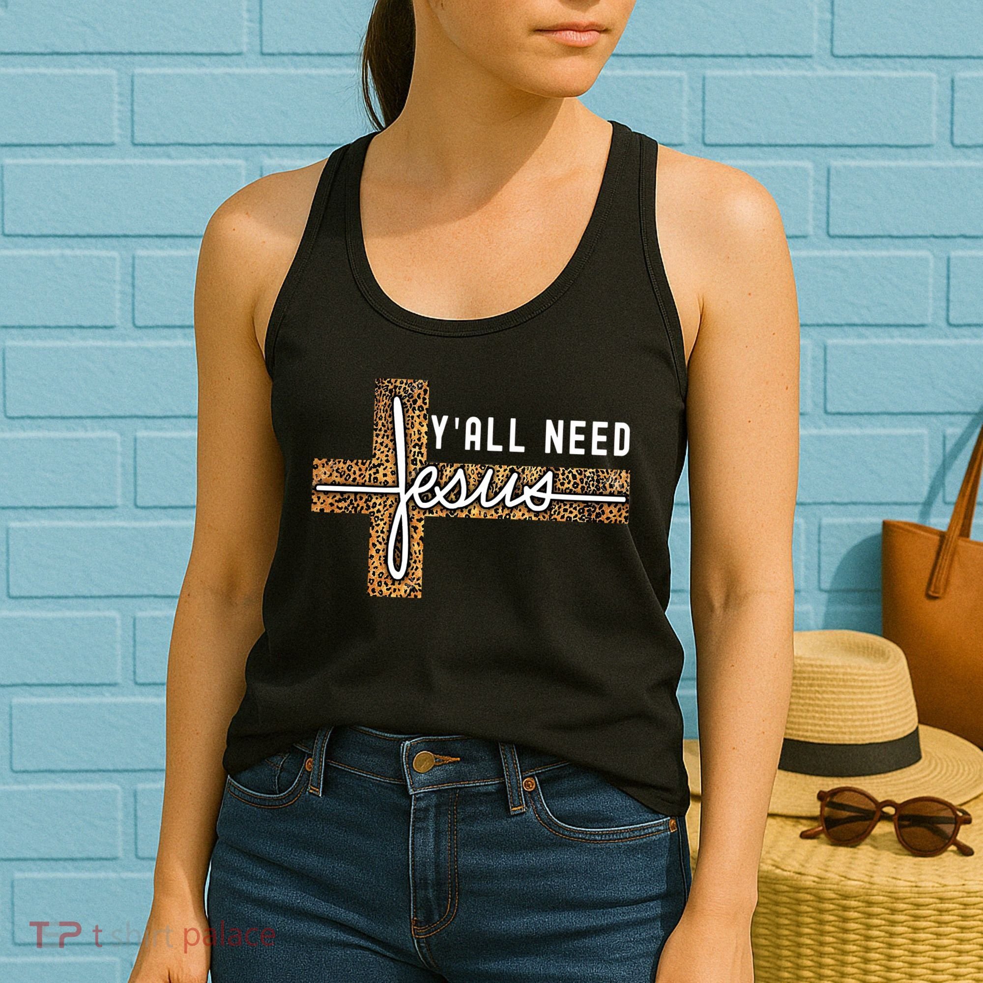 Funny Christian Y'all Need Jesus Graphic Tees Leopard Cross Women's Tank Top