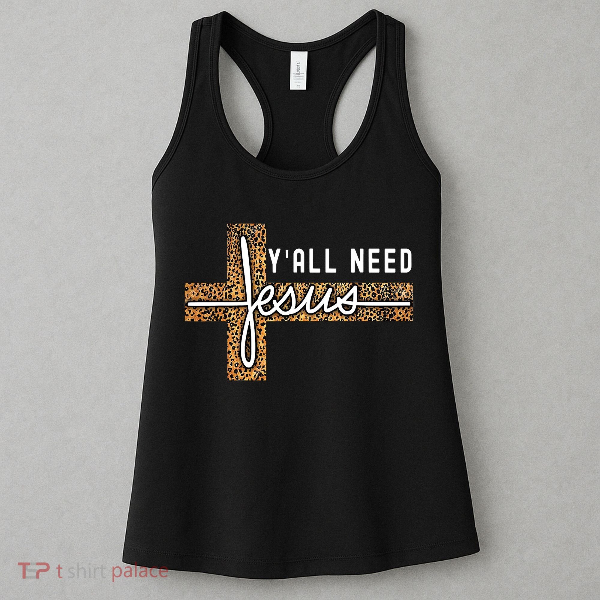 Funny Christian Y'all Need Jesus Graphic Tees Leopard Cross Women's Tank Top