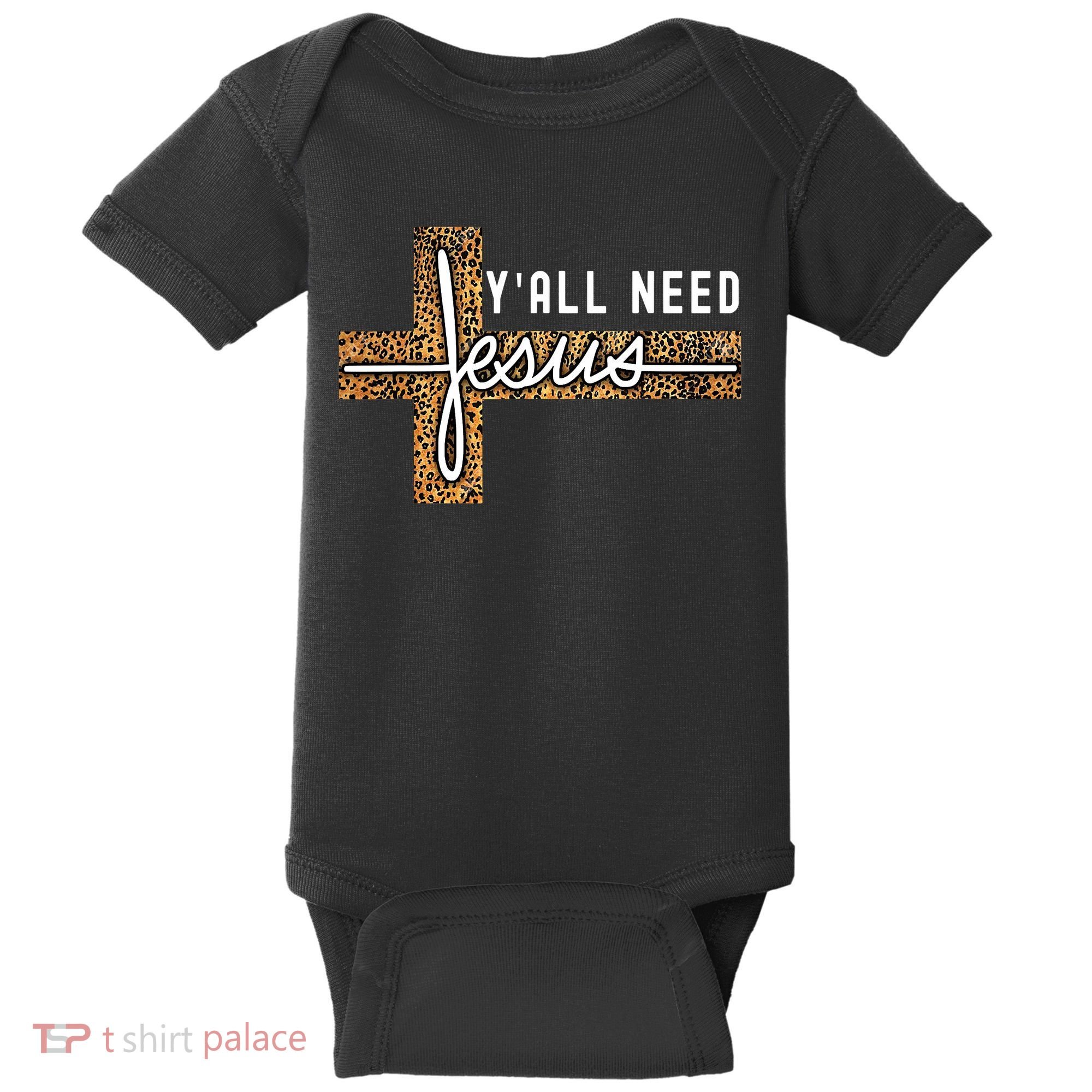 Funny Christian Y'all Need Jesus Graphic Tees Leopard Cross Baby Bodysuit