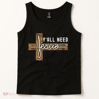 Funny Christian Y'all Need Jesus Graphic Tees Leopard Cross Tank Top thumb 2