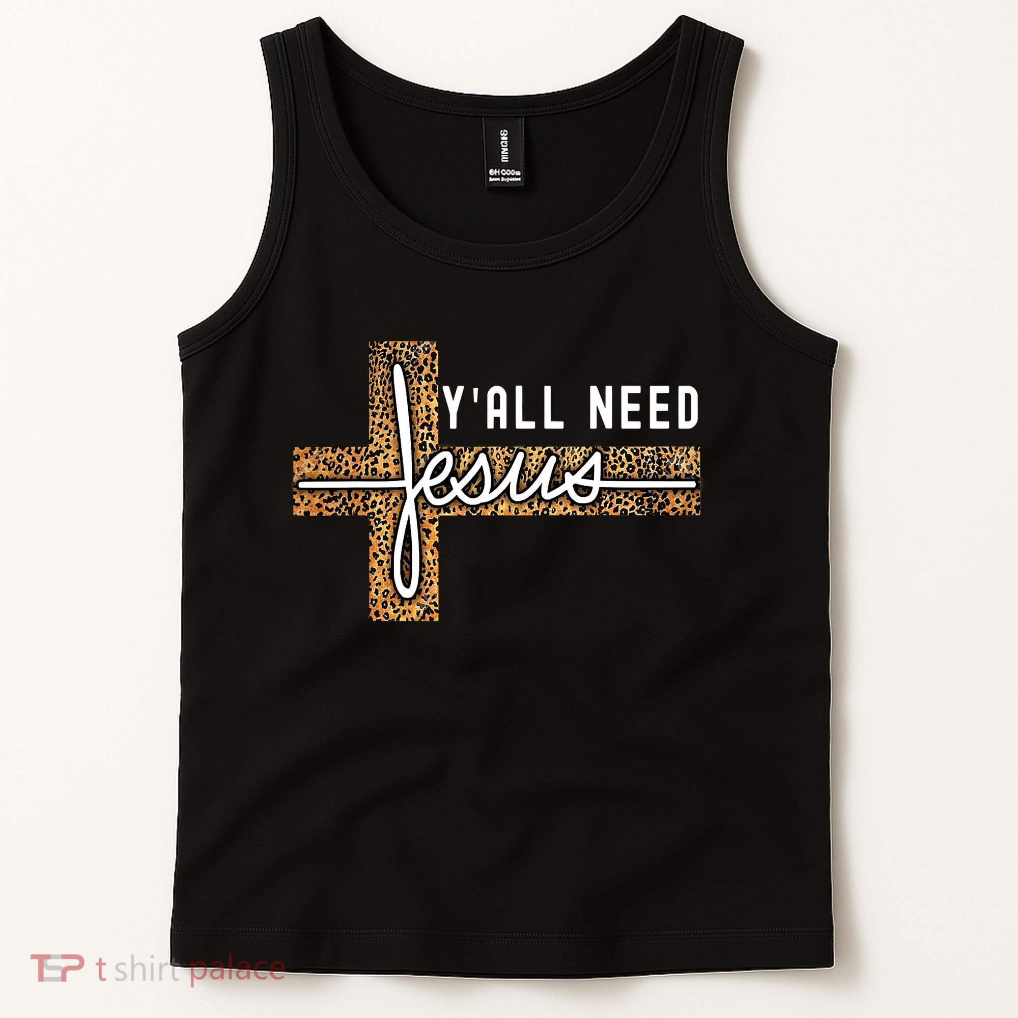 Funny Christian Y'all Need Jesus Graphic Tees Leopard Cross Tank Top