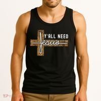 Funny Christian Y'all Need Jesus Graphic Tees Leopard Cross Tank Top thumb 3