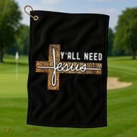 Funny Christian Y'all Need Jesus Graphic Tees Leopard Cross Golf Towel thumb 1