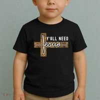 Funny Christian Y'all Need Jesus Graphic Tees Leopard Cross Toddler T-Shirt thumb 2
