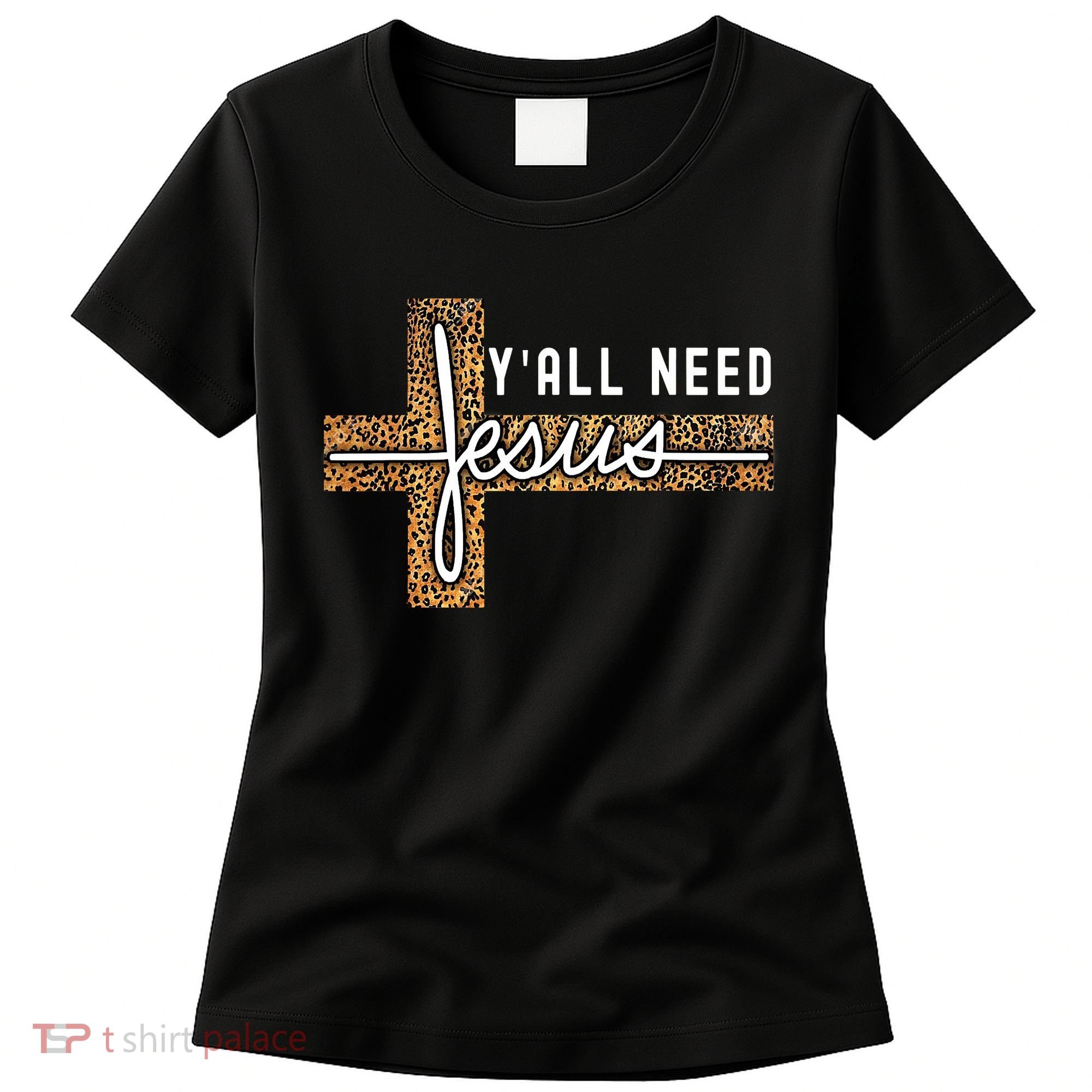 Funny Christian Y'all Need Jesus Graphic Tees Leopard Cross Women's T-Shirt