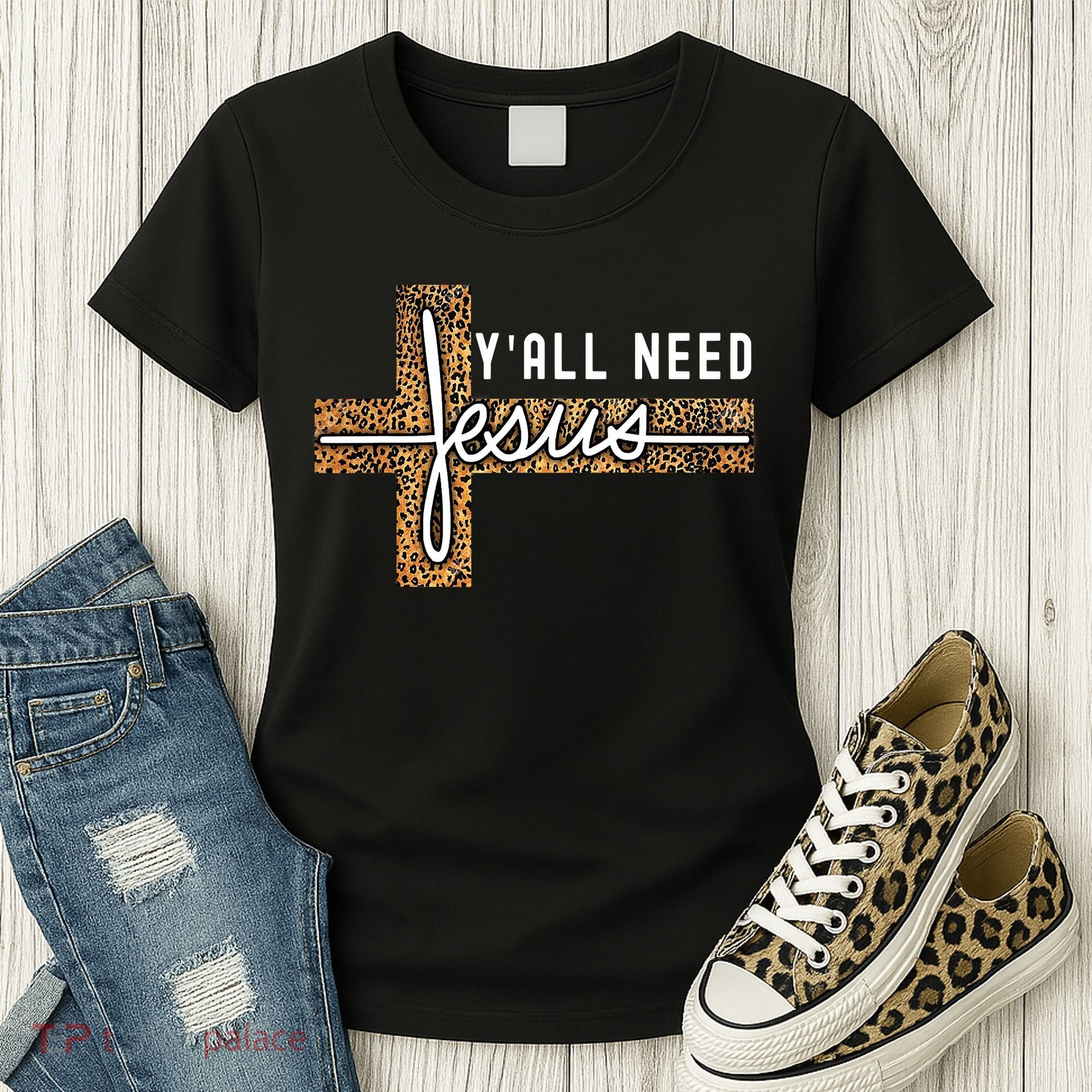 Funny Christian Y'all Need Jesus Graphic Tees Leopard Cross Women's T-Shirt