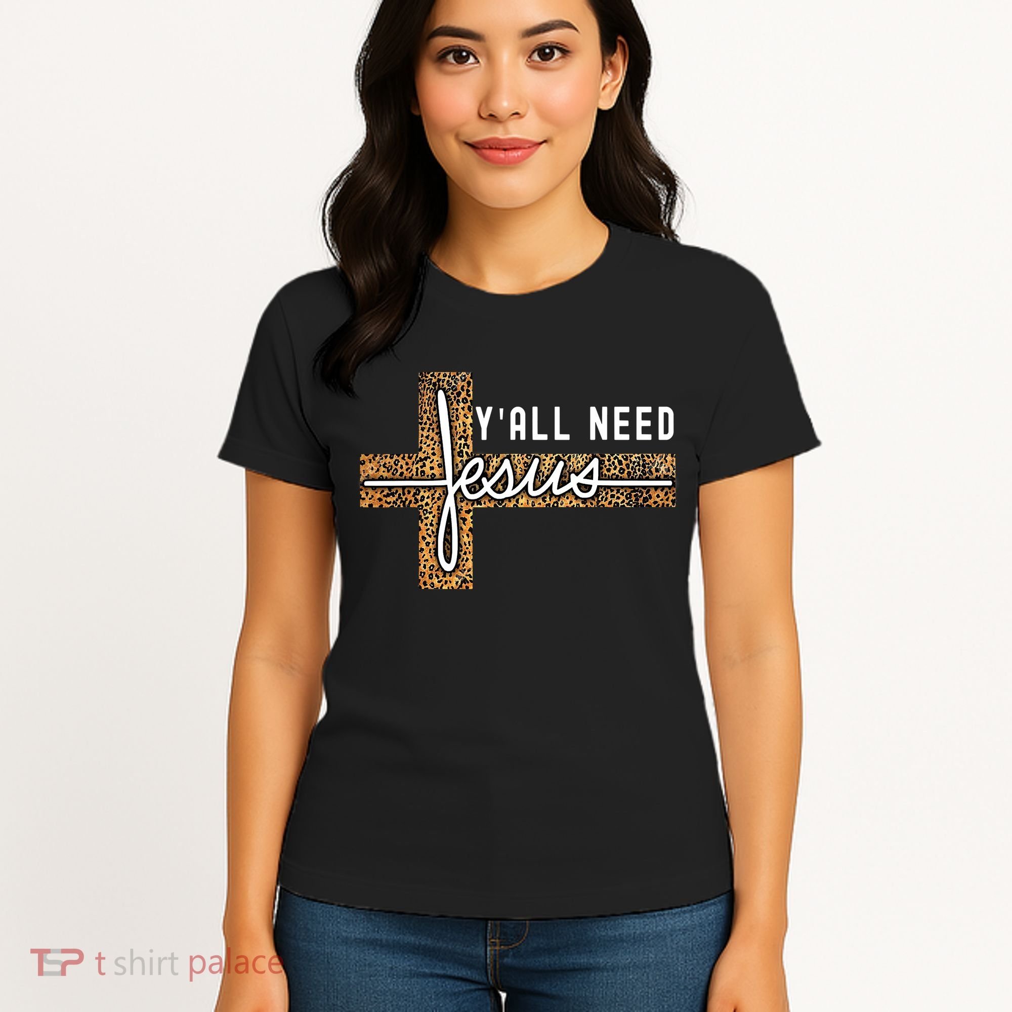 Funny Christian Y'all Need Jesus Graphic Tees Leopard Cross Women's T-Shirt