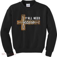 Funny Christian Y'all Need Jesus Graphic Tees Leopard Cross Kids Sweatshirt thumb 0