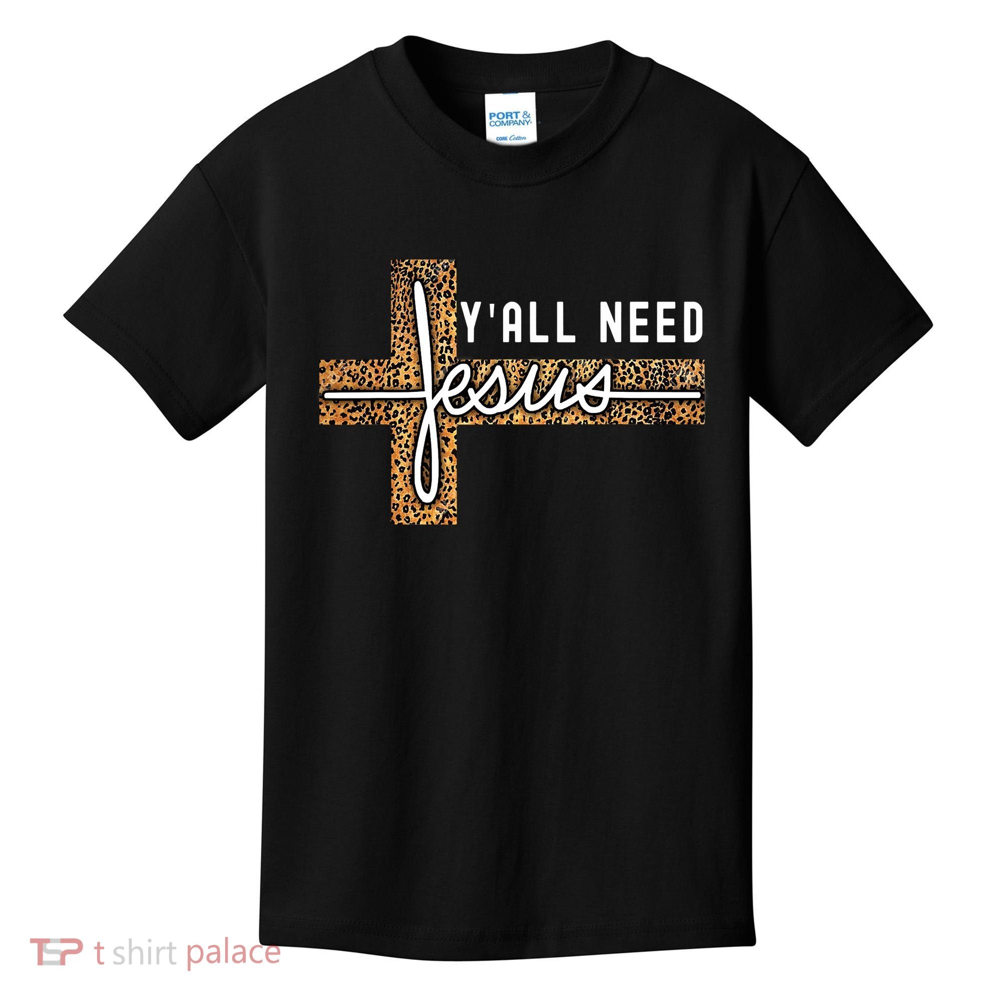 Funny Christian Y'all Need Jesus Graphic Tees Leopard Cross Kids T-Shirt