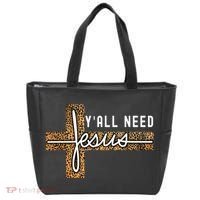 Funny Christian Y'all Need Jesus Graphic Tees Leopard Cross Tote Bag thumb 0