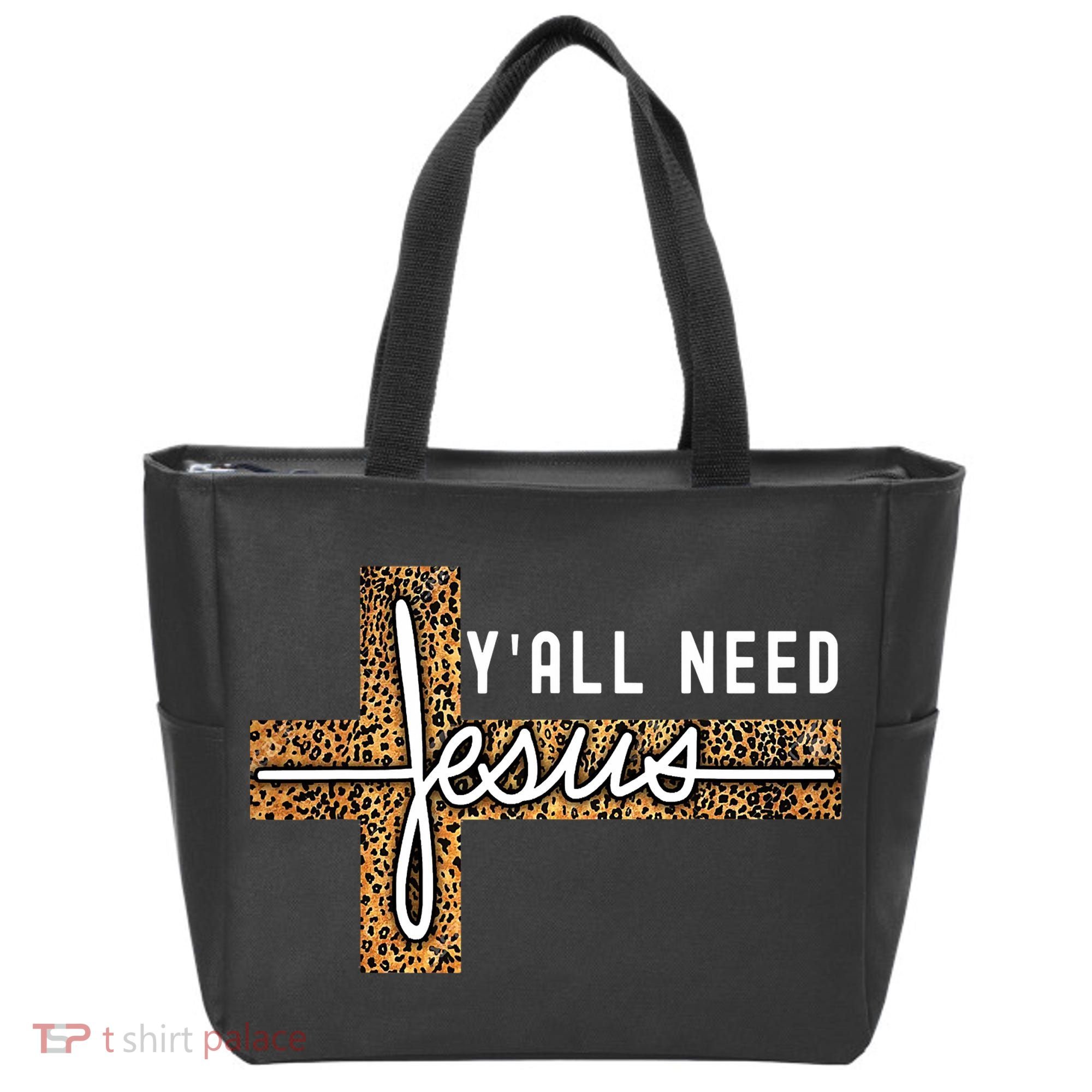 Funny Christian Y'all Need Jesus Graphic Tees Leopard Cross Tote Bag