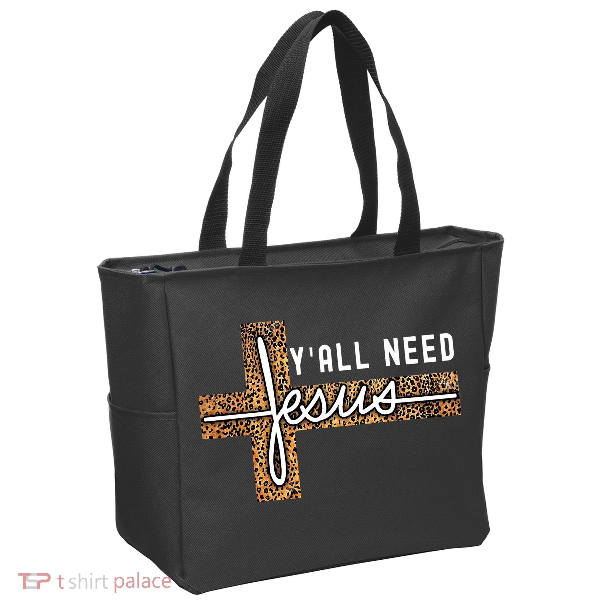Funny Christian Y'all Need Jesus Graphic Tees Leopard Cross Tote Bag