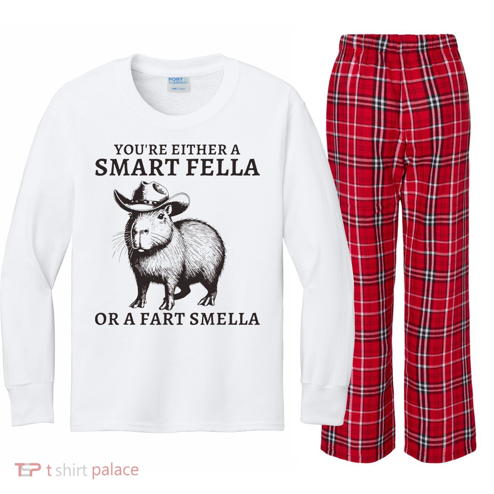 Funny Capybara YouRe Either A Smart Fella Or A Fart Smella Kids Long Sleeve Plaid Pajama Set