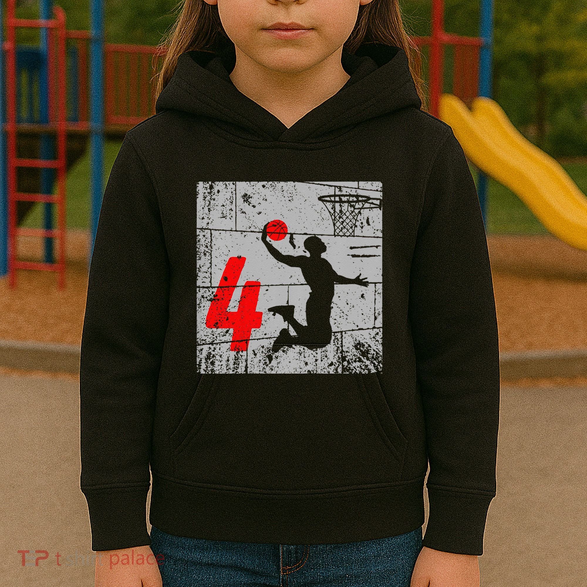 Funny Distressed 4 Year Old 4th Basketball Birthday Slam Dunk Kids Hoodie