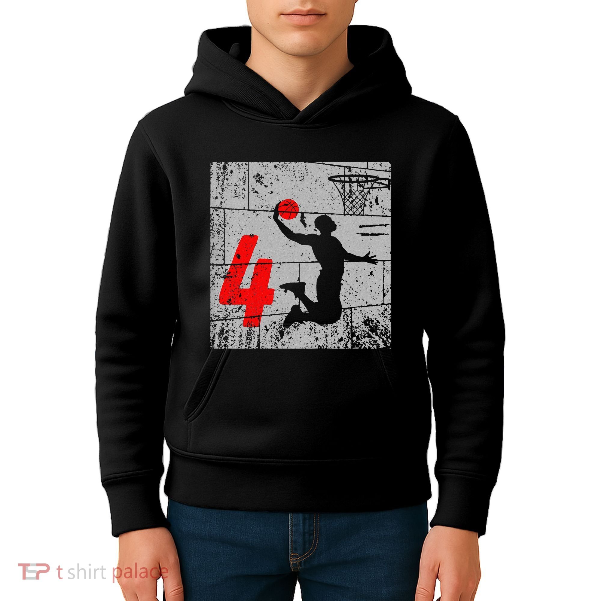 Funny Distressed 4 Year Old 4th Basketball Birthday Slam Dunk Kids Hoodie