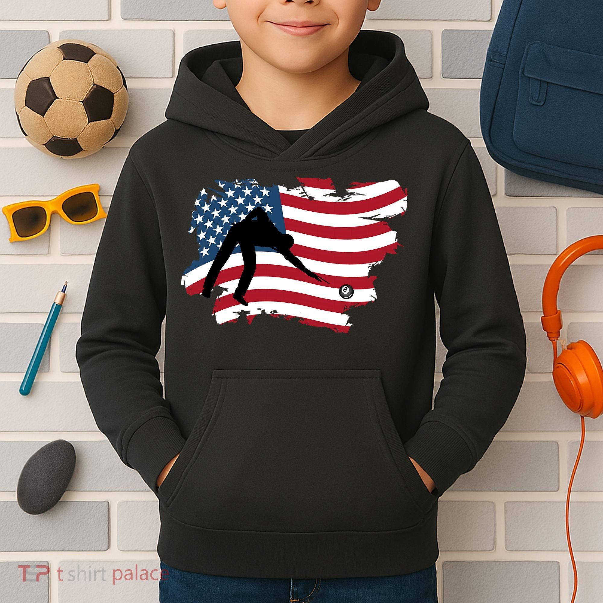Father's Day American Flag Snooker Billiards Lover Retro Gift For Dad Kids Hoodie