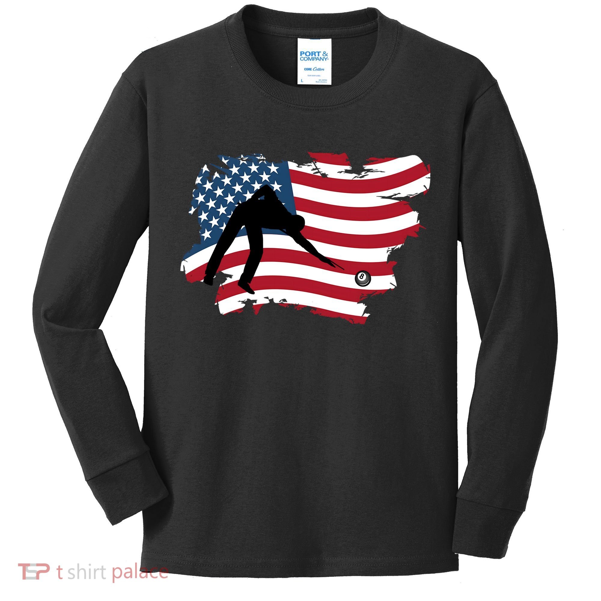 Father's Day American Flag Snooker Billiards Lover Retro Gift For Dad Kids Long Sleeve Shirt