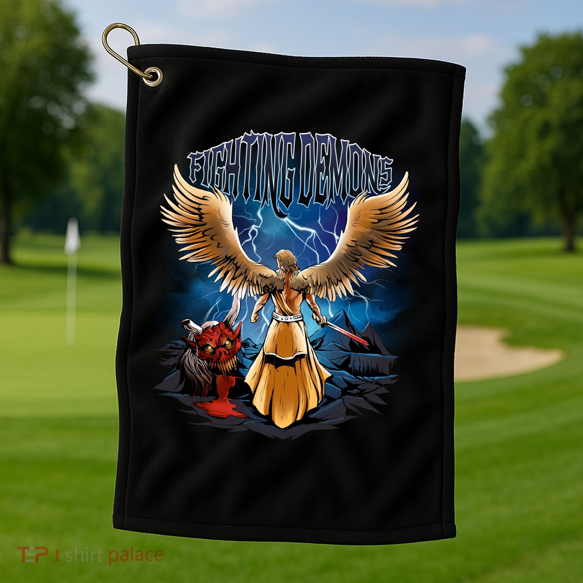 Fighting Demons Angel In Action Golf Towel