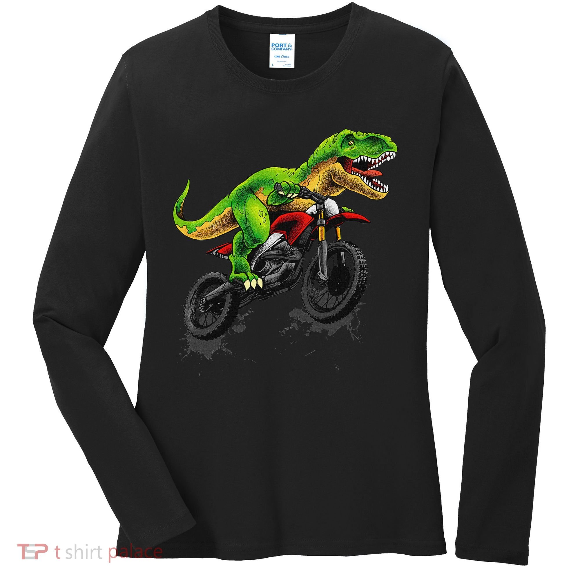 Funny Dirt Bike For Dinosaur Motorcycle Riding Women's Long Sleeve Shirt