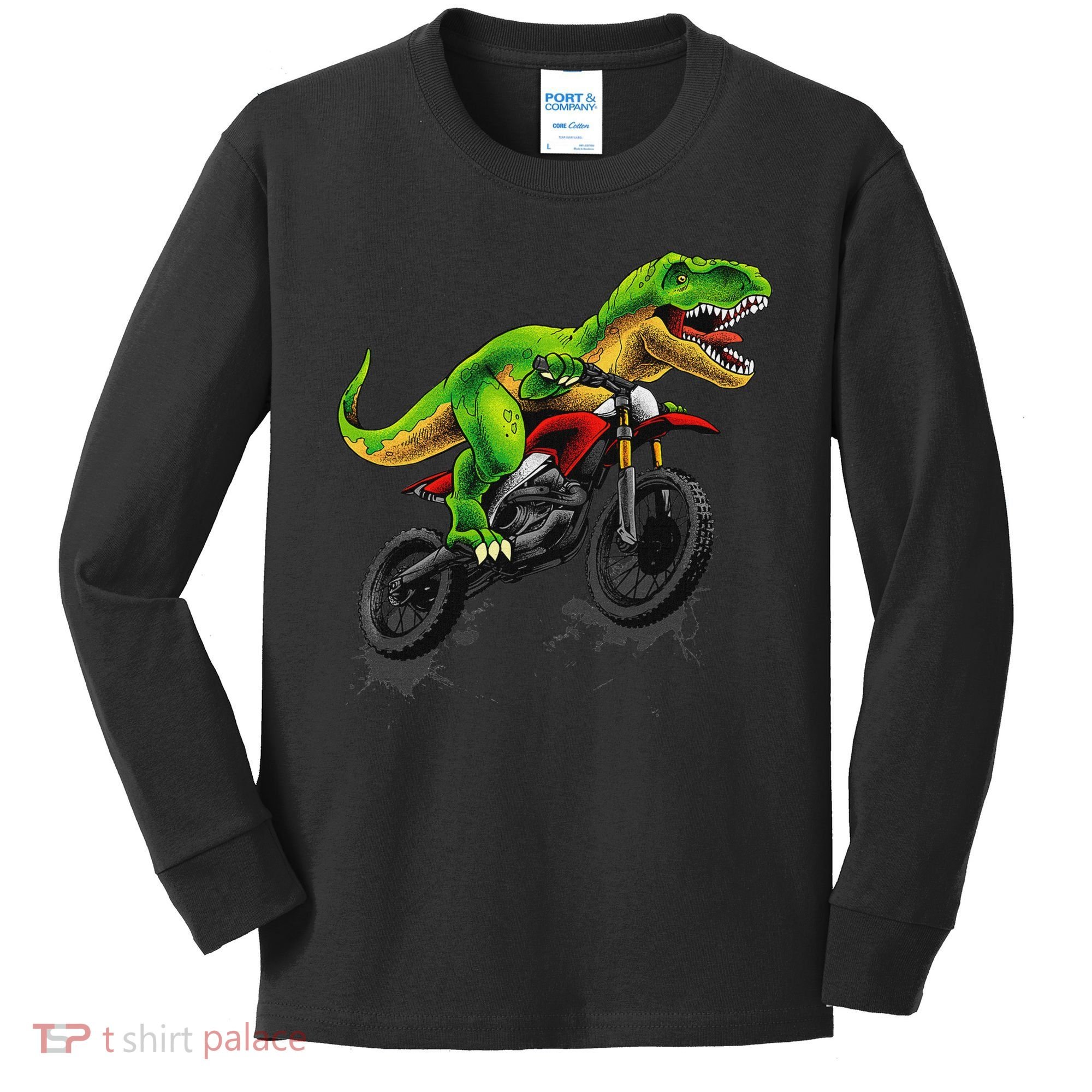Funny Dirt Bike For Dinosaur Motorcycle Riding Kids Long Sleeve Shirt