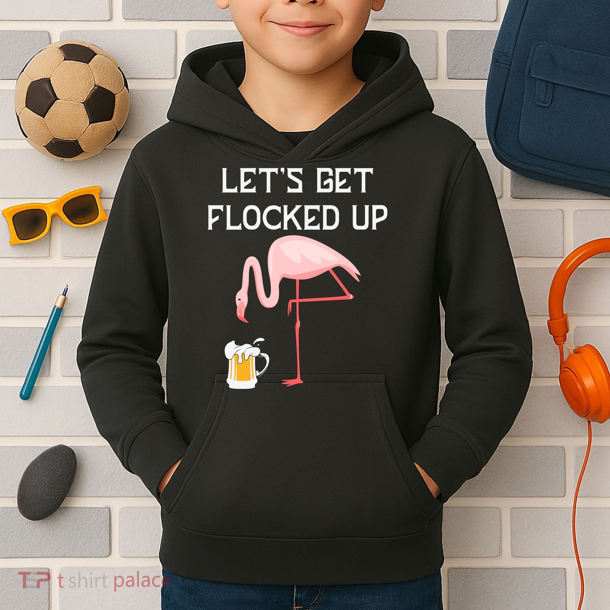 Flamingo Drinking Beer Funny Flamingo Kids Hoodie
