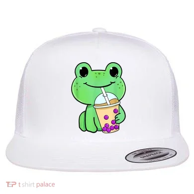 Frog Drinking Bubble Tea Flat Bill Trucker Hat