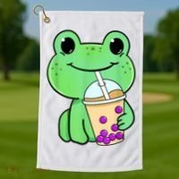 Frog Drinking Bubble Tea Golf Towel thumb 1