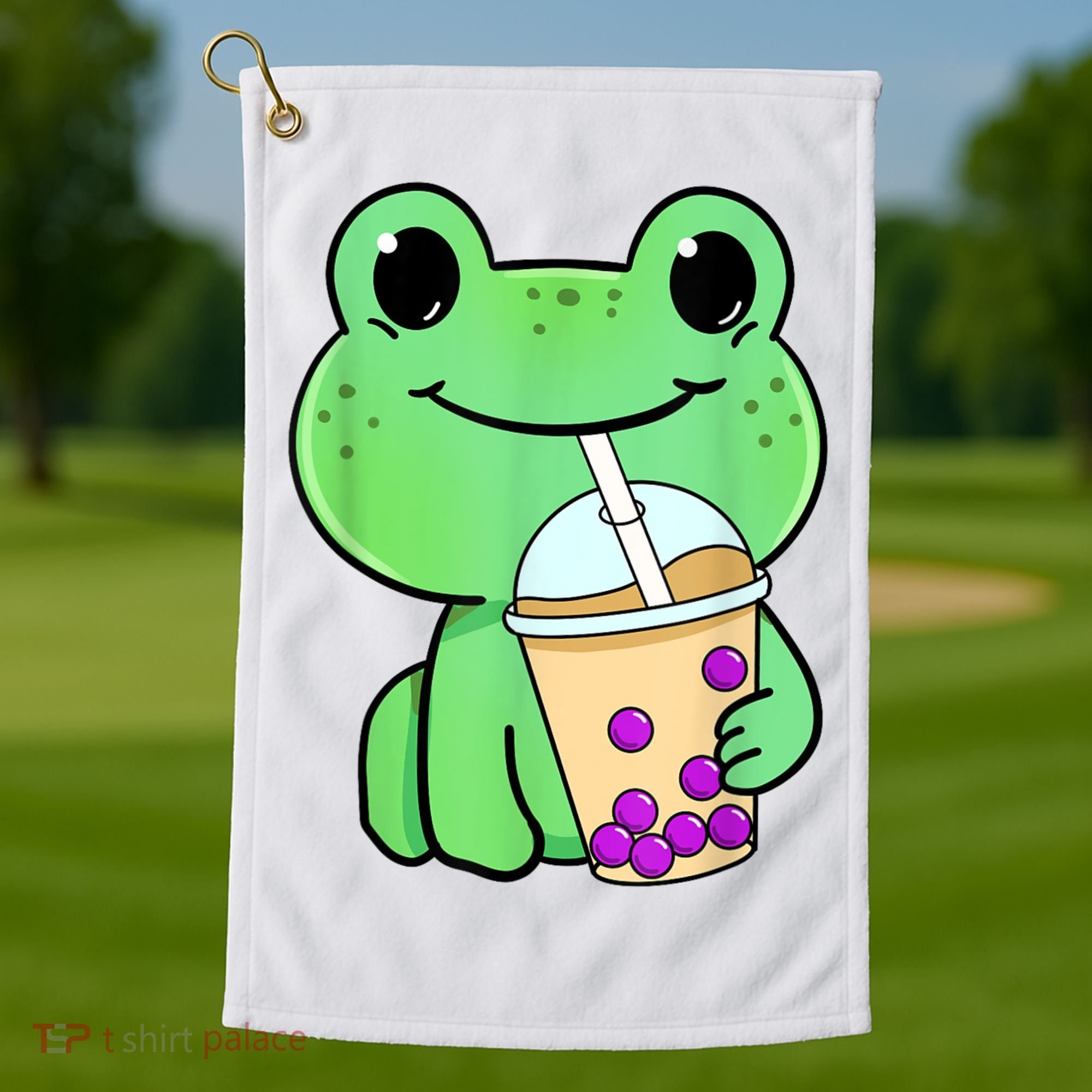 Frog Drinking Bubble Tea Golf Towel