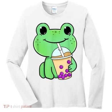 Frog Drinking Bubble Tea Women's Long Sleeve Shirt